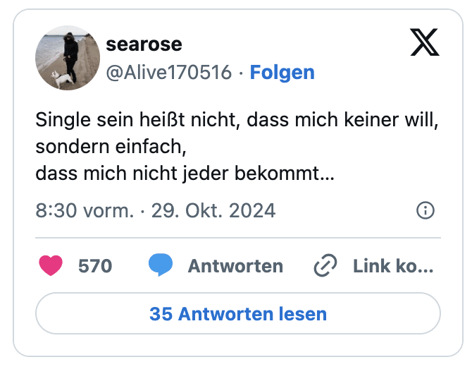 Single sein heißt nicht, dass mich keiner will, 
sondern einfach,
dass mich nicht jeder bekommt…